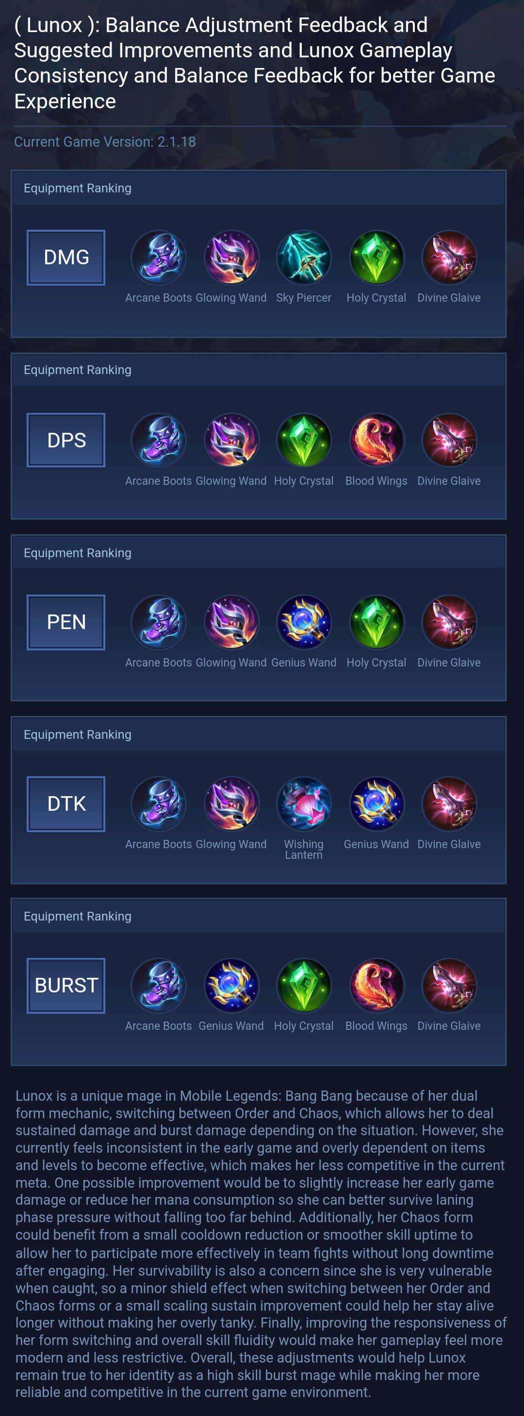 ( Lunox ): Balance Adjustment Feedback and Suggested Improvements and Lunox Gameplay Consistency and Balance Feedback for better Game Experience
