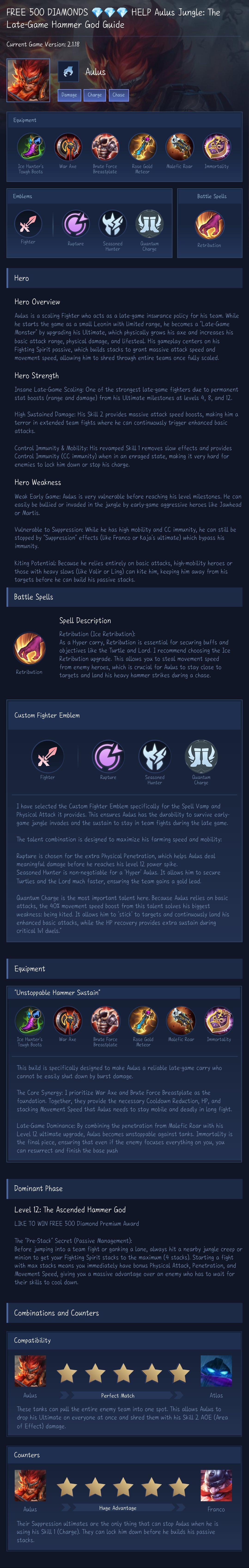 FREE 500 DIAMONDS 💎💎💎 HELP Aulus Jungle: The Late-Game Hammer God Guide