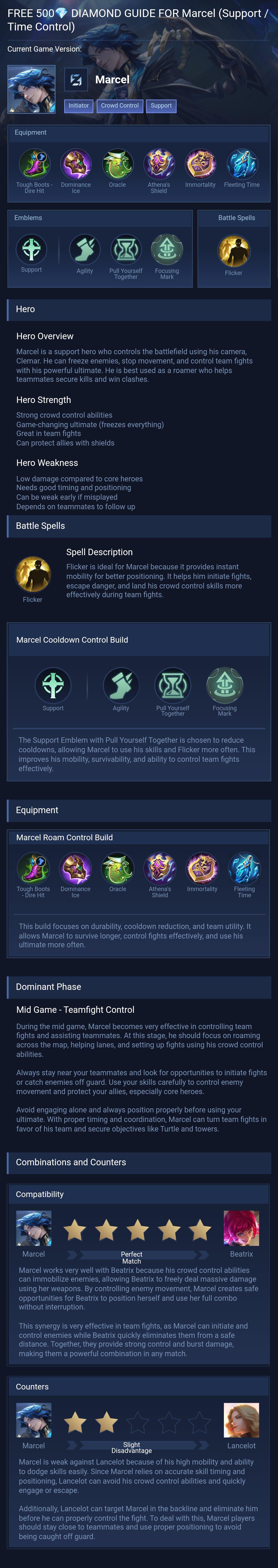 FREE 500💎 DIAMOND GUIDE FOR Marcel (Support / Time Control)
