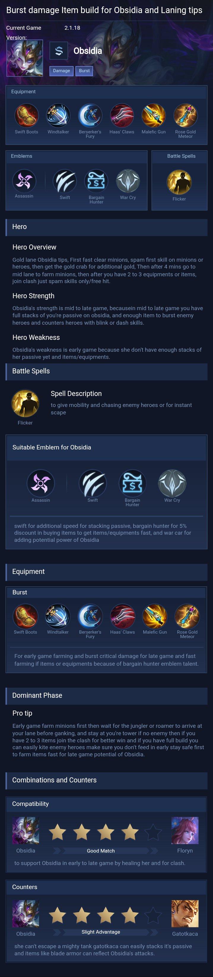 Burst damage Item build for Obsidia and Laning tips