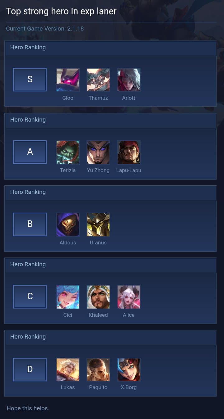 Top strong hero in exp laner