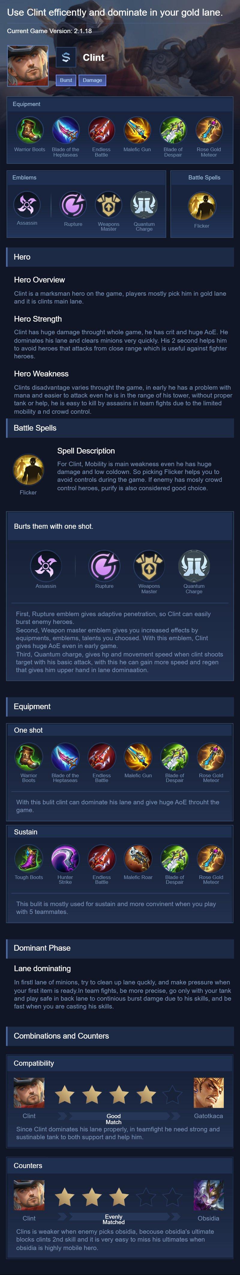Use Clint efficently and dominate in your gold lane.